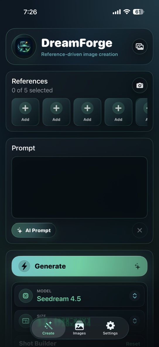 DreamForge Create screen