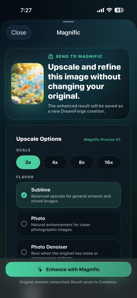 DreamForge Magnific Upscaler screen
