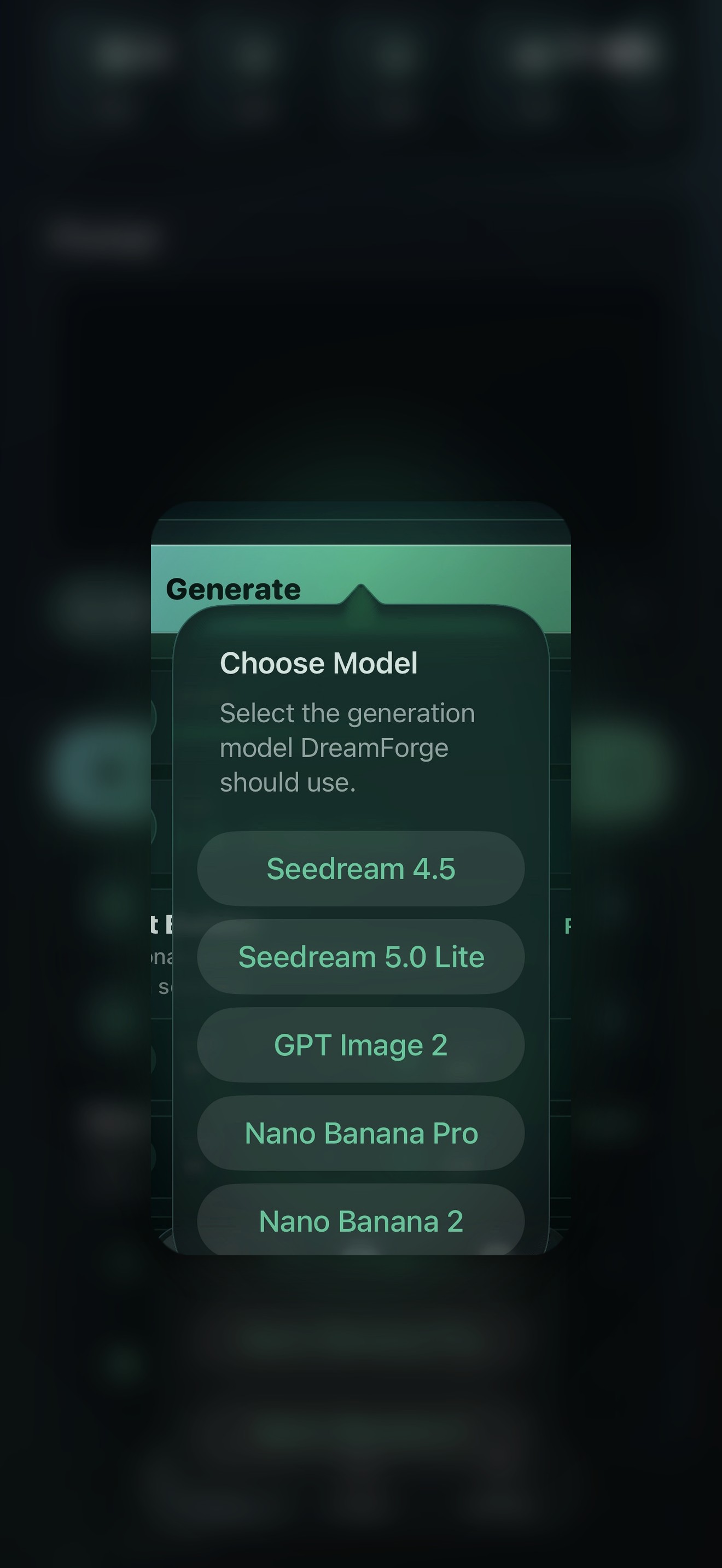 DreamForge focused model picker