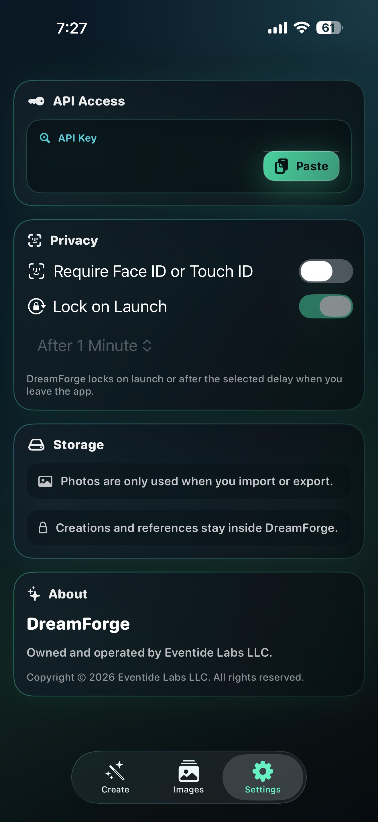 DreamForge settings with API key, privacy, and storage controls