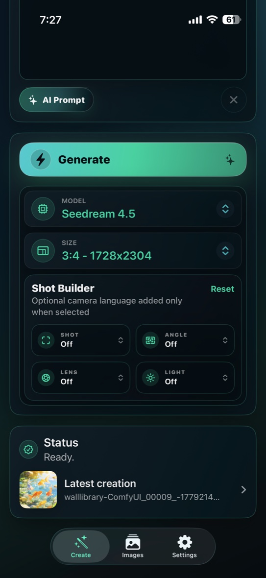 DreamForge Shot Builder screen